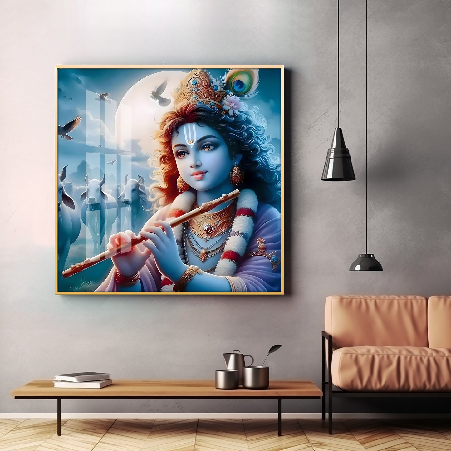 Bal Krishna With Flute Premium Acrylic Square Wall Art