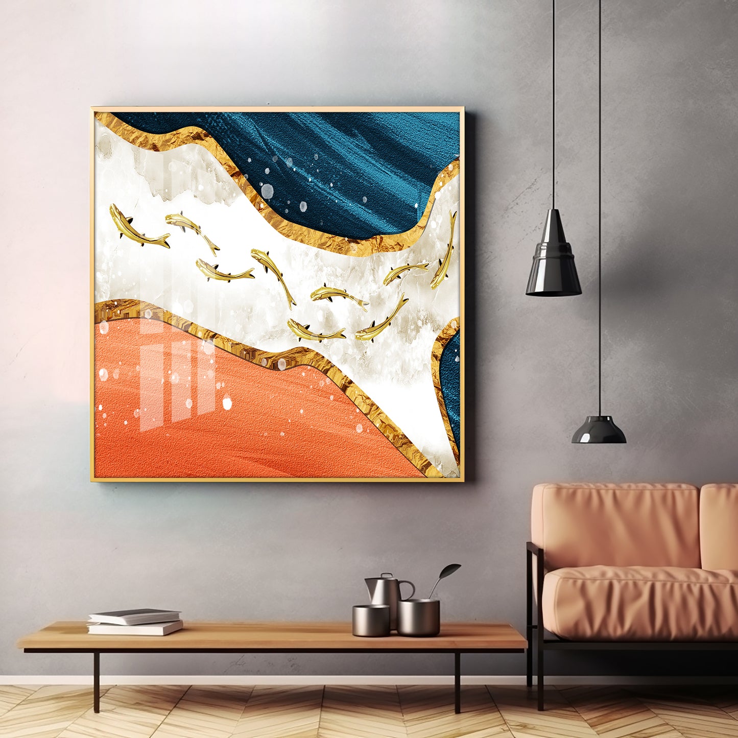 Golden Koi Fishes Swimming Luxury Crystal Square Wall Art