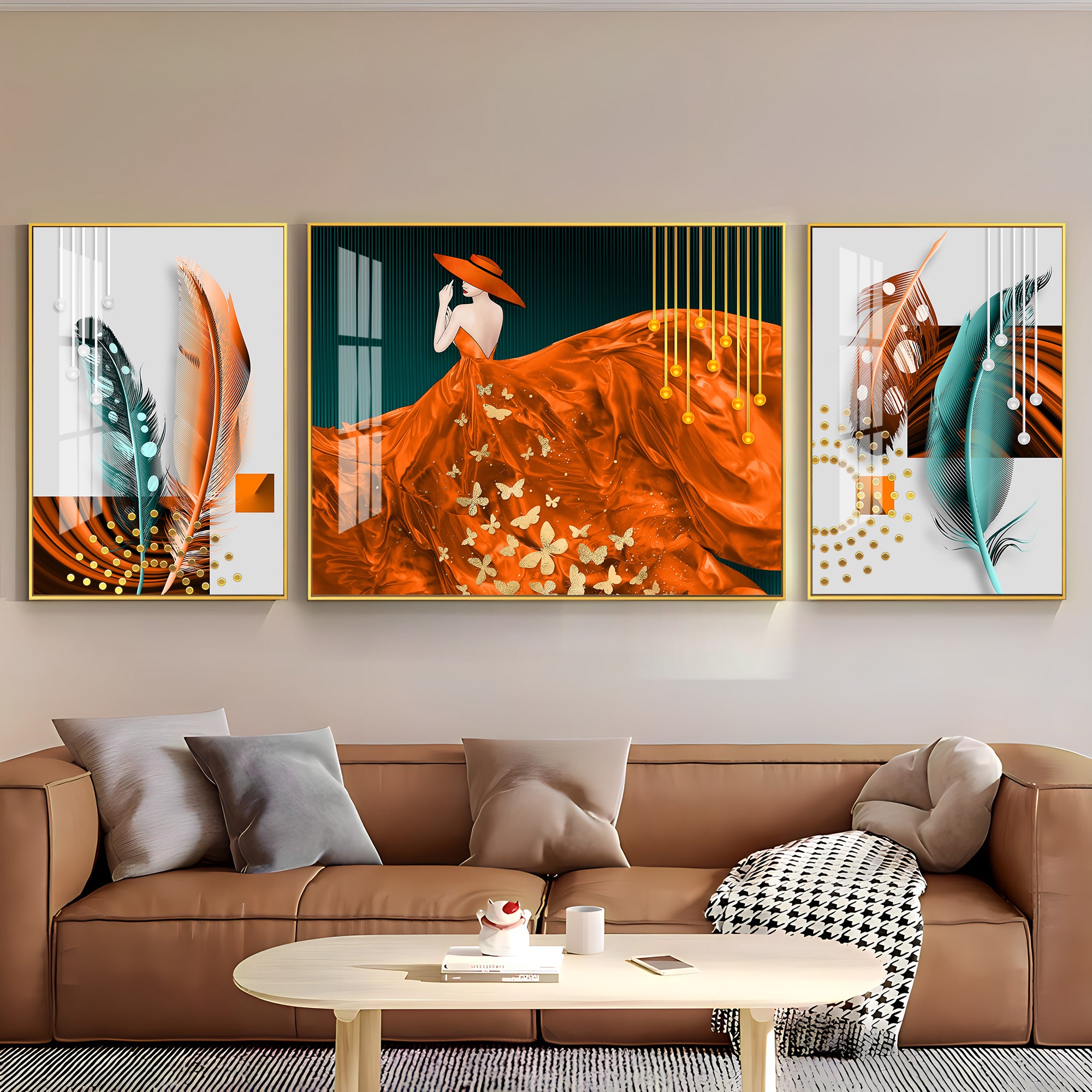 Women In Beautiful Orange Outfit Premium Acrylic Wall Art (Set of 3)