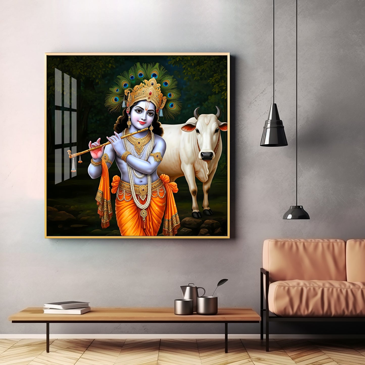 Krishna With The Cow Premium Acrylic Square Wall Art