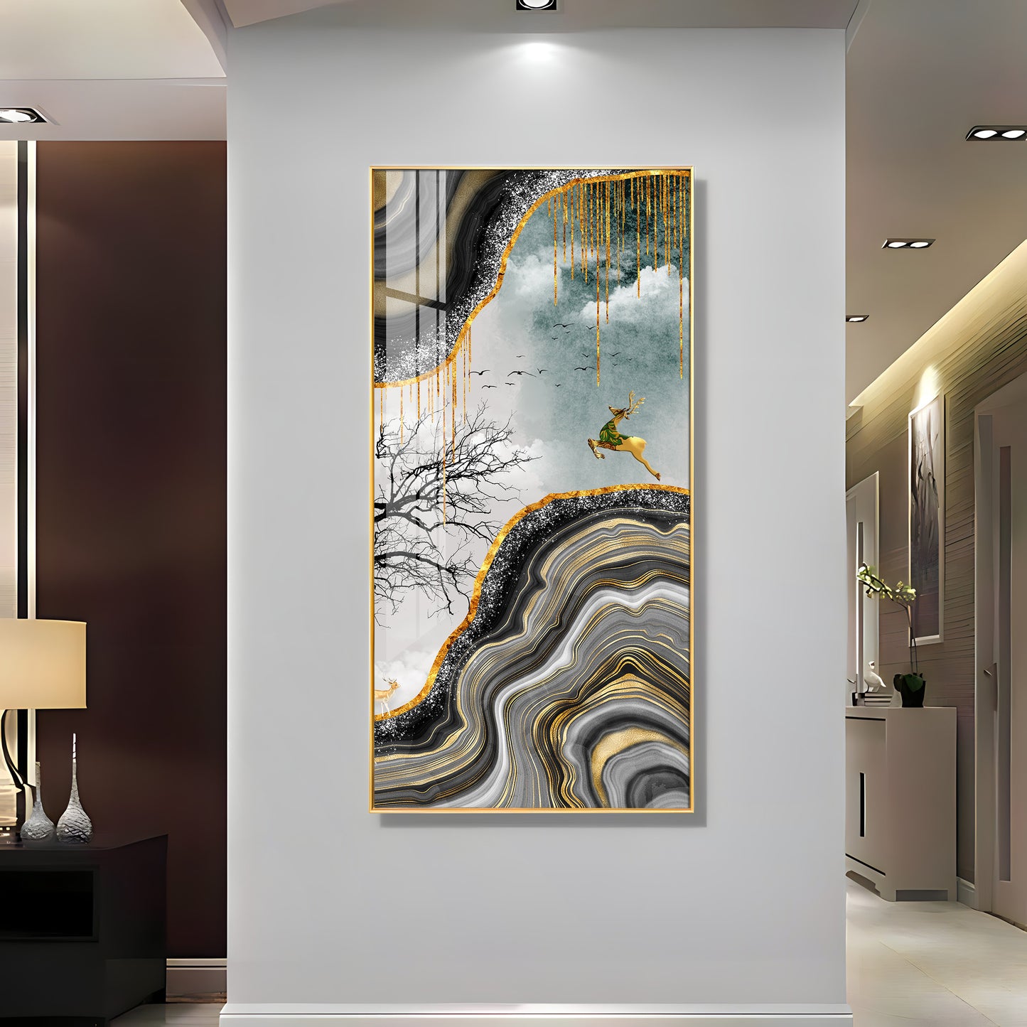 Abstract Golden Art Of Deer Premium Acrylic Vertical Wall Art