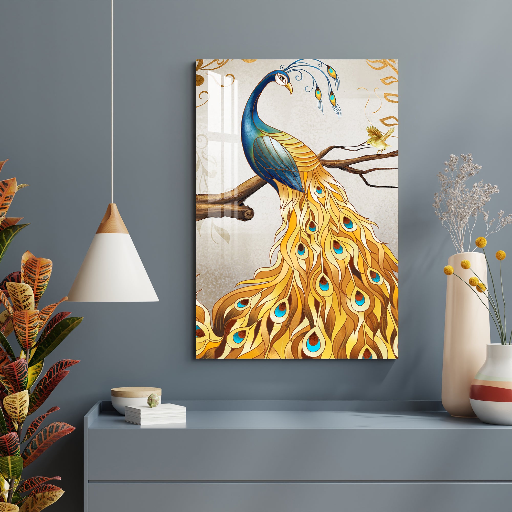 Peacock With Golden Feathers Acrylic Wall Art
