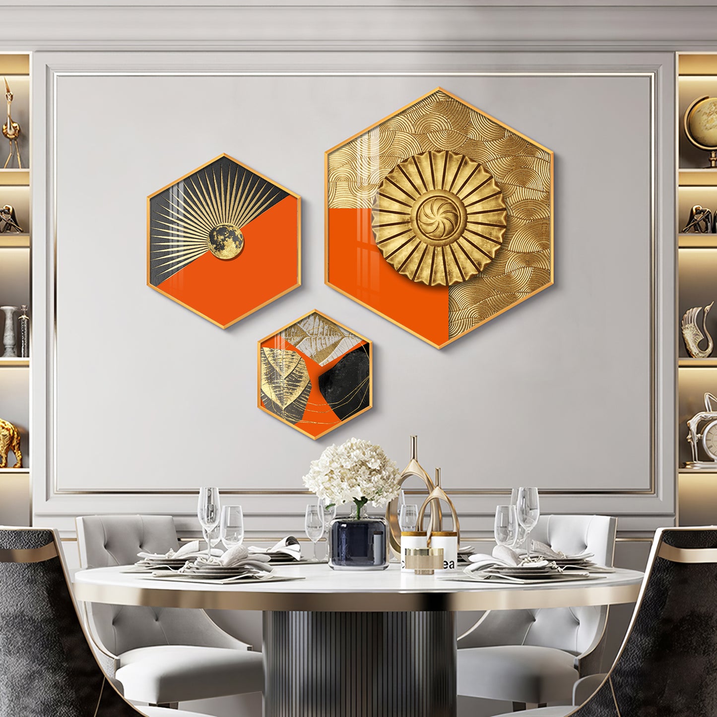Gold & Orange Accents Premium Acrylic Hexagon Wall Art (Set of 3)