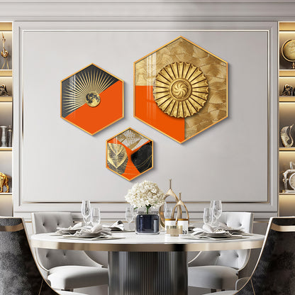 Gold & Orange Accents Premium Acrylic Hexagon Wall Art (Set of 3)