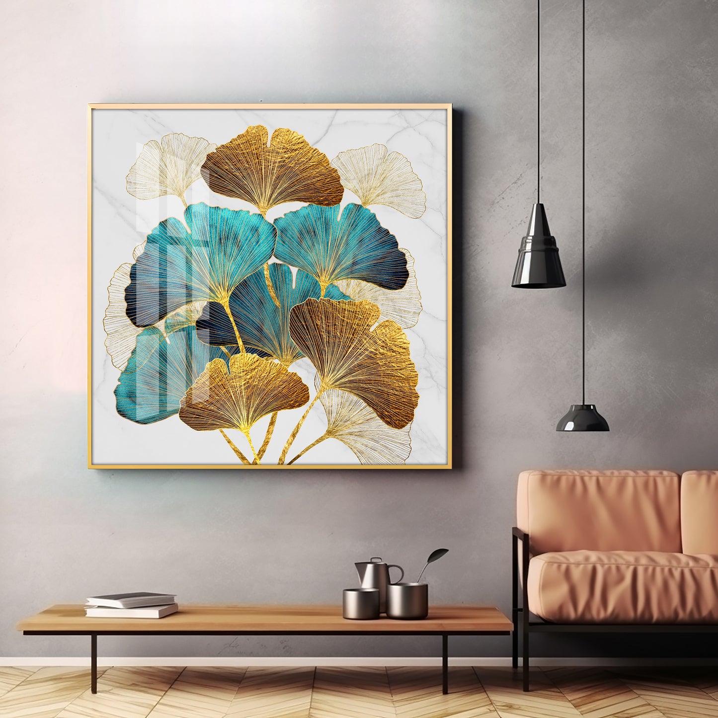 Golden Blue Ginkgo Leaf Premium Acrylic Square Wall Art