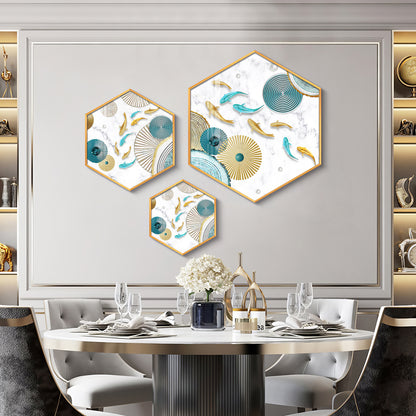 Koi Fish In Blue & Gold Premium Acrylic Hexagon Wall Art (Set of 3)