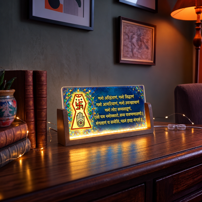Jain Symbol Navkar Acrylic LED Table Lamp - Wooden Stand