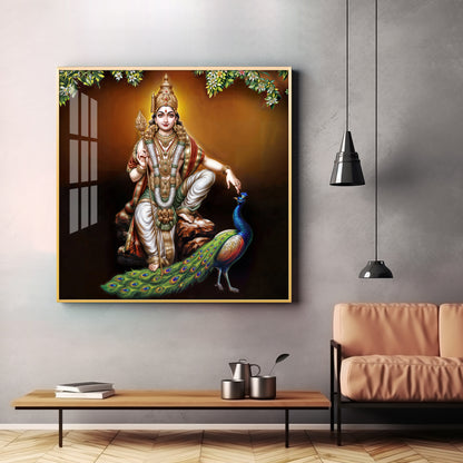 Lord Murugan With Peacock Premium Acrylic Square Wall Art