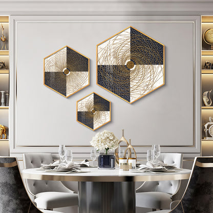 Spiral In Golden Premium Acrylic Hexagon Wall Art (Set of 3)