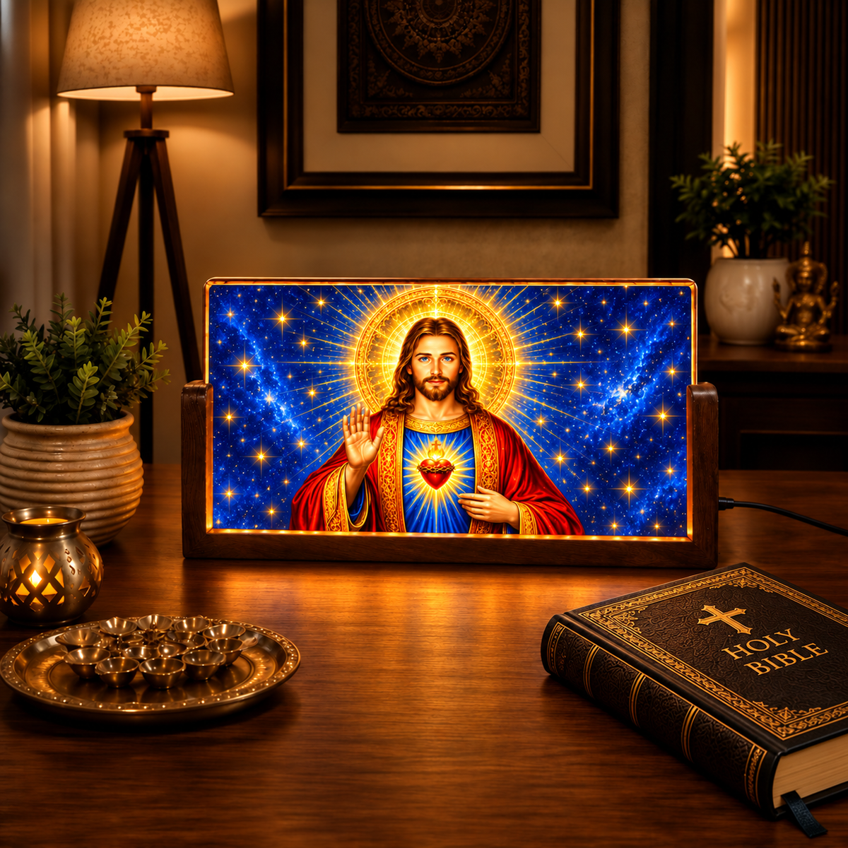 Holy Jesus Acrylic LED Table Lamp - Wooden Stand