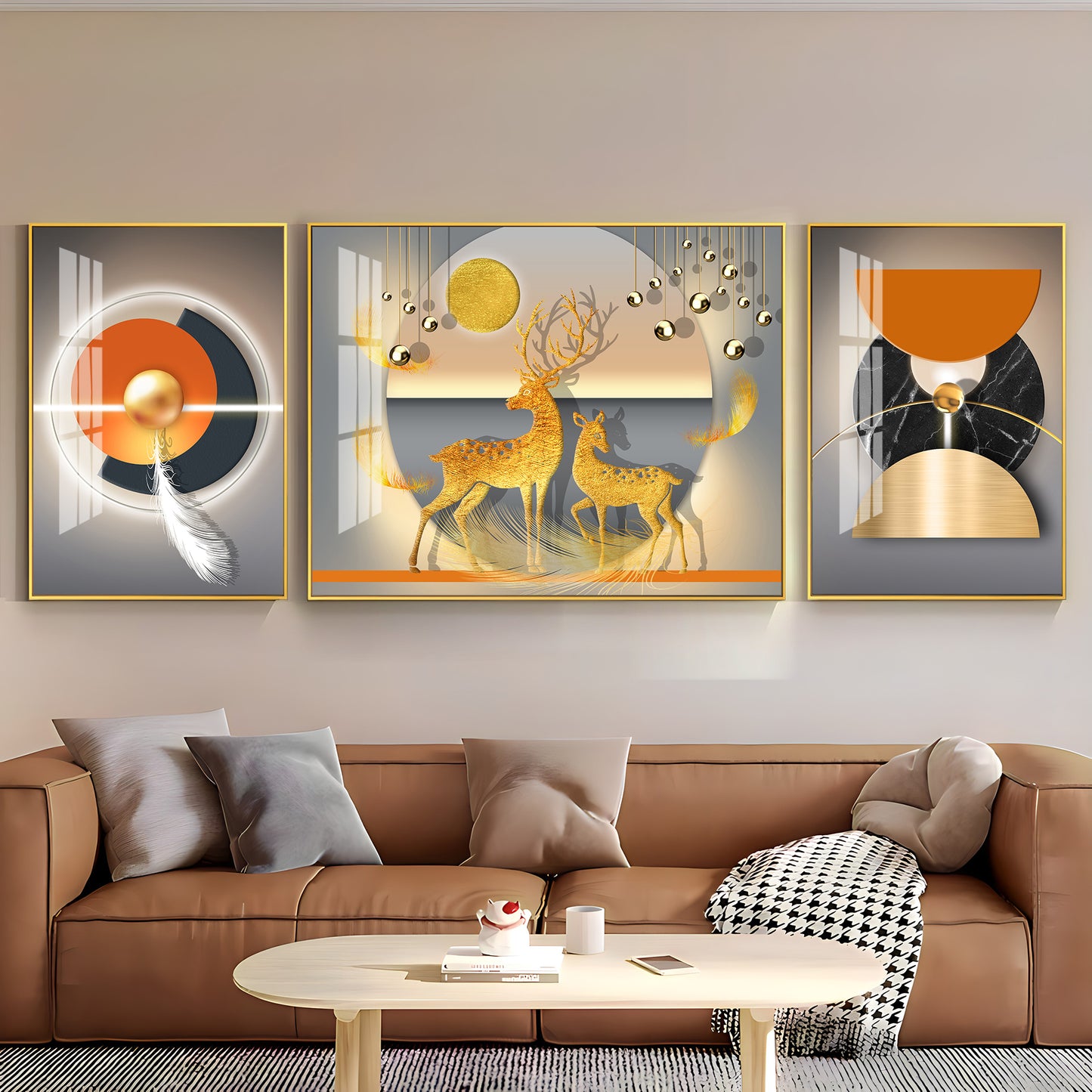 Golden Deers Premium Acrylic Wall Art (Set of 3)