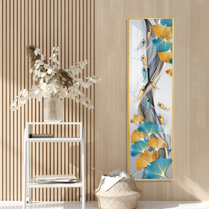 Blue & Golden Leaves With Fishes Premium Acrylic Vertical Wall Art