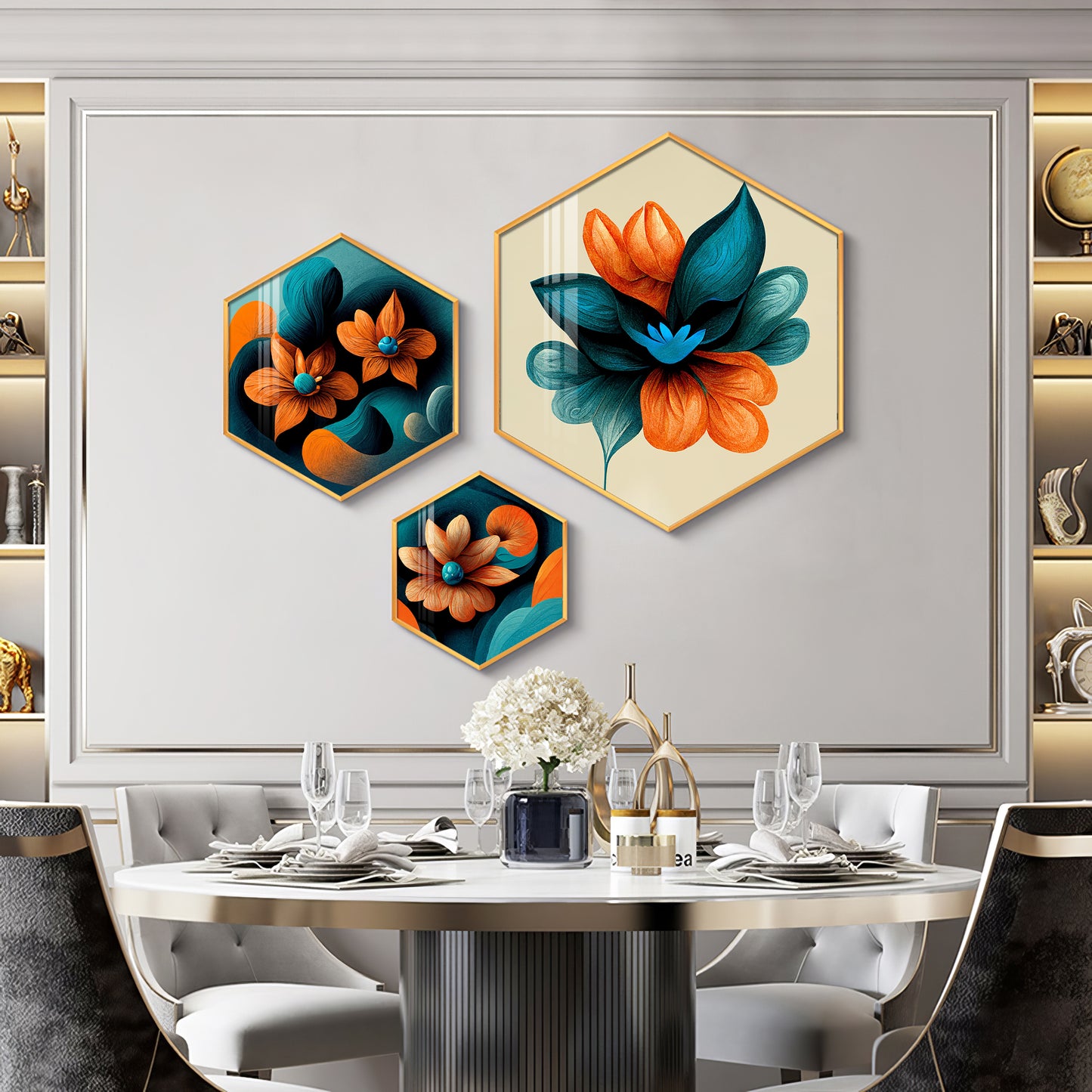 Colorful Flower Premium Acrylic Hexagon Wall Art (Set of 3)