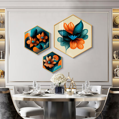 Colorful Flower Premium Acrylic Hexagon Wall Art (Set of 3)