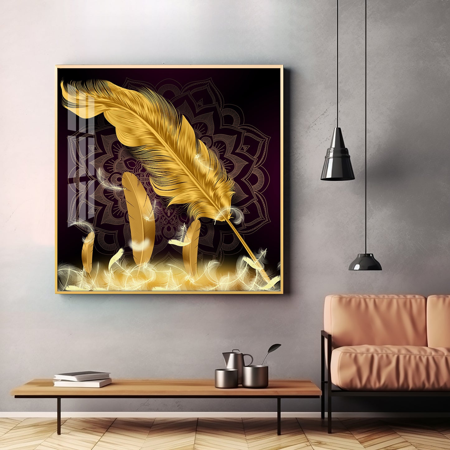 Golden Feather Light Luxury Premium Acrylic Square Wall Art