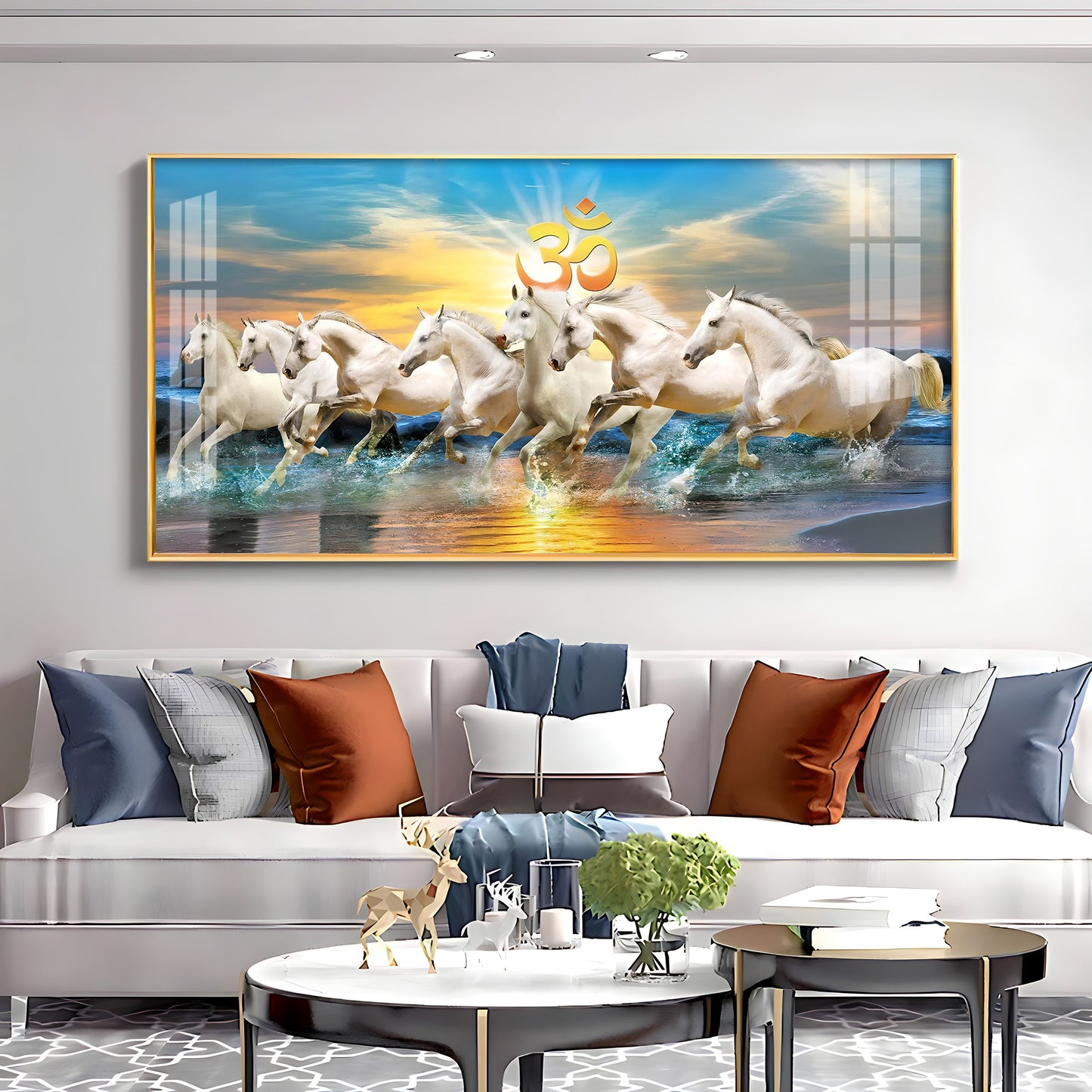 White Running Horses in Sea with Om Premium Acrylic Horizontal Wall Art