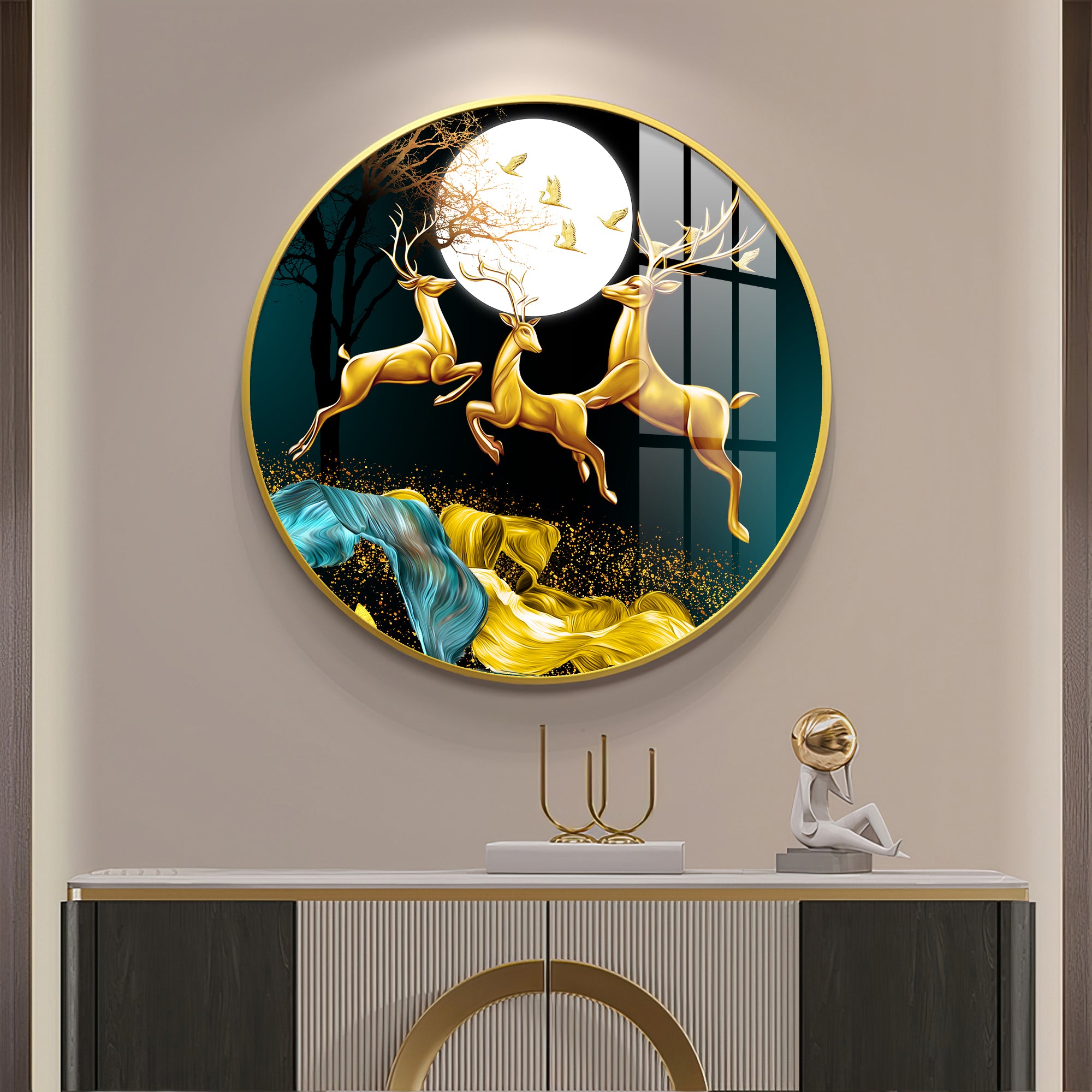 The Deer’s Ascent Premium Acrylic Round Wall Art