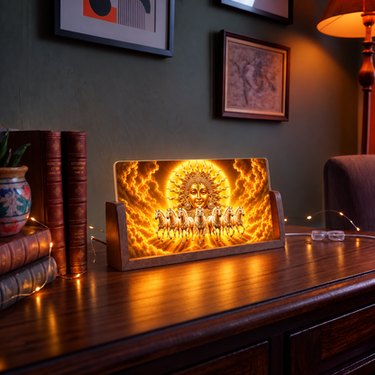 Surya Dev with Seven Horses Acrylic LED Table Lamp - Wooden Stand