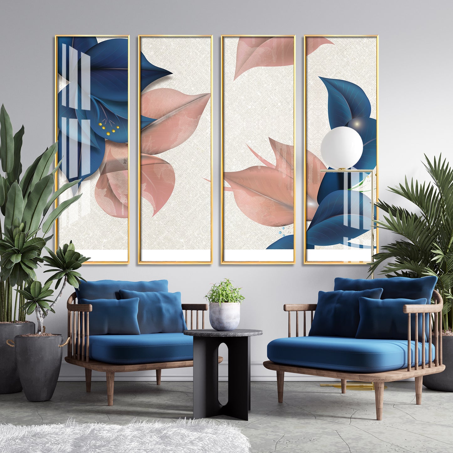 Blue & Peach Flowers Premium Acrylic Vertical Wall Art (set of 4)