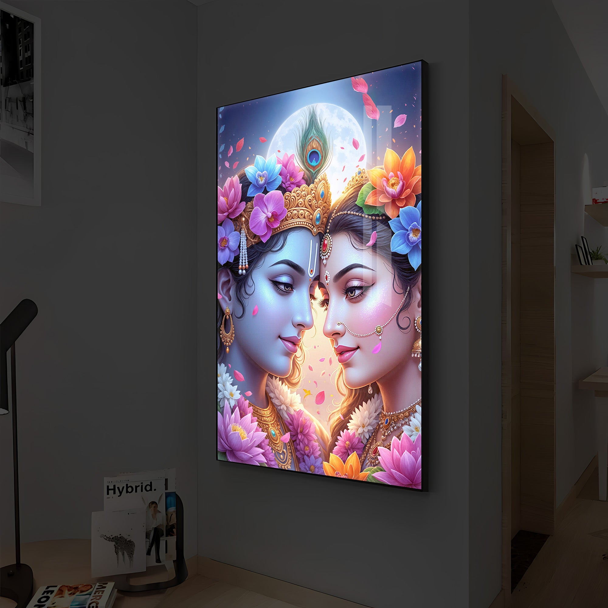 Loving Shri Radha Krishna Modern Luxury Backlight Vertical Wall Art