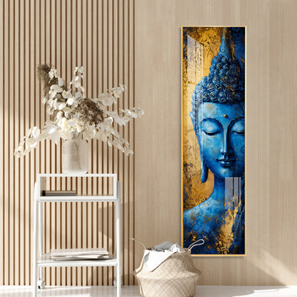 Blue and Gold Meditating Buddha Premium Acrylic Vertical Wall Art