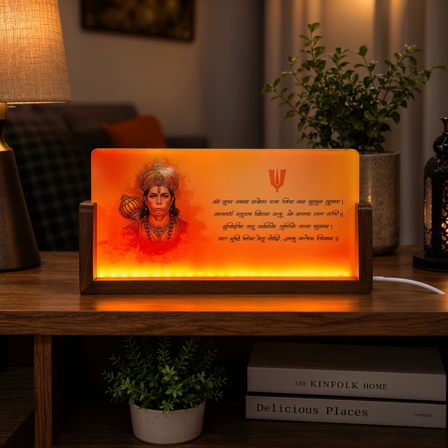 Lord Hanuman Acrylic LED Table Lamp - Wooden Stand