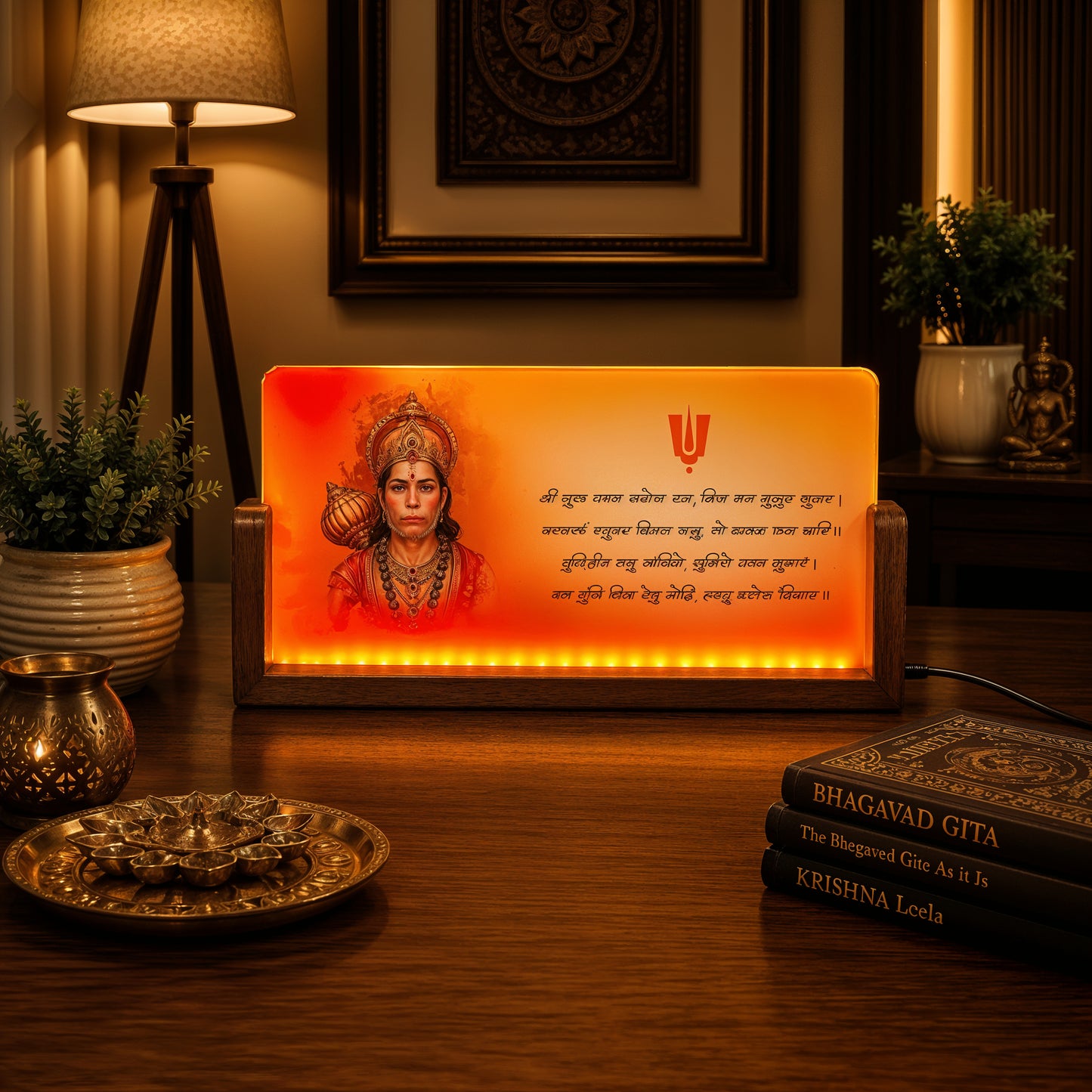 Lord Hanuman Acrylic LED Table Lamp - Wooden Stand