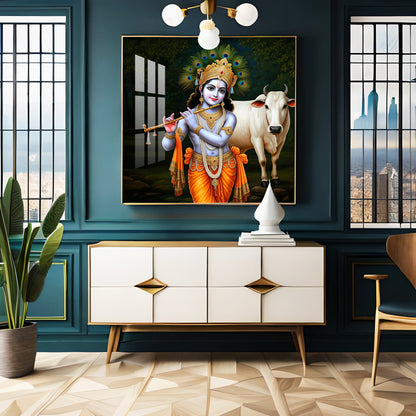 Krishna With The Cow Premium Acrylic Square Wall Art