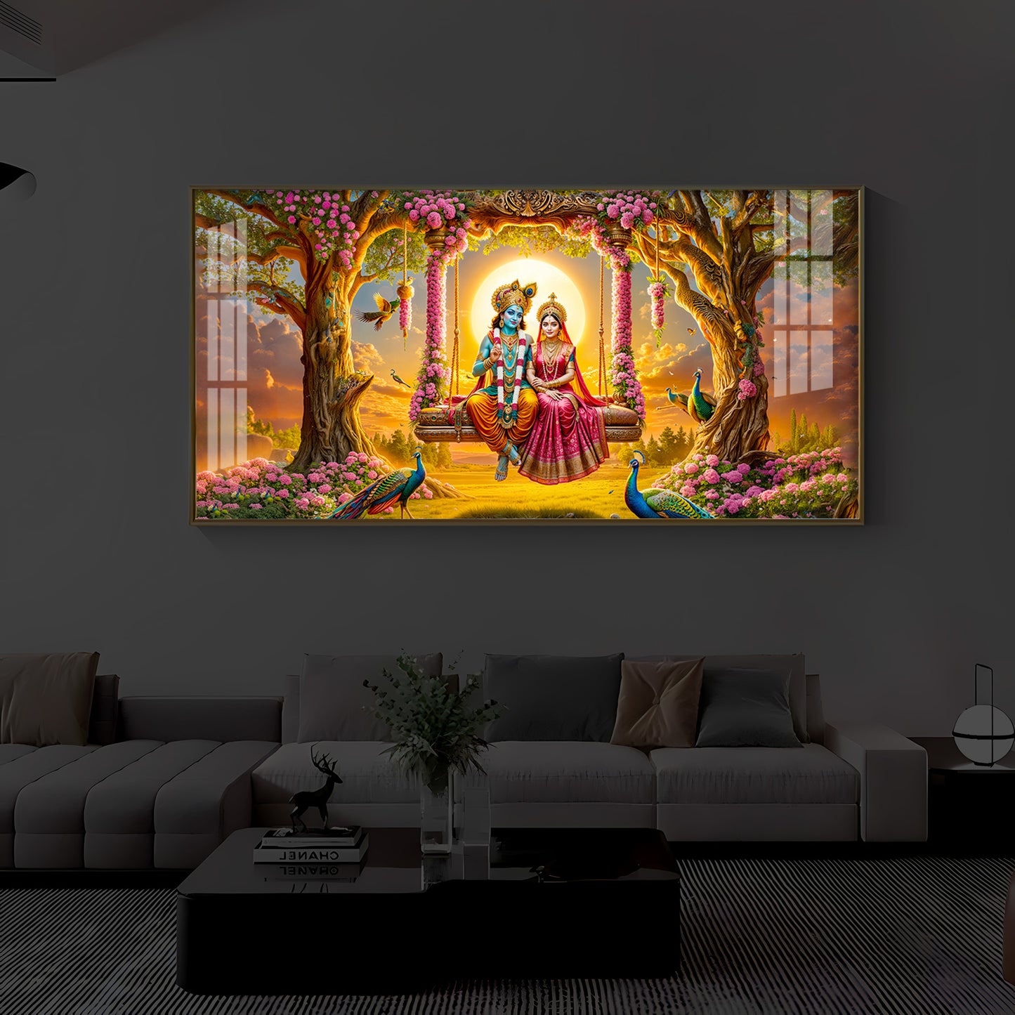 Loving Couple Lord Radha Krishna Modern Luxury Backlight Horizontal Wall Art