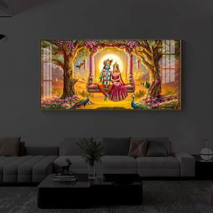 Loving Couple Lord Radha Krishna Modern Luxury Backlight Horizontal Wall Art
