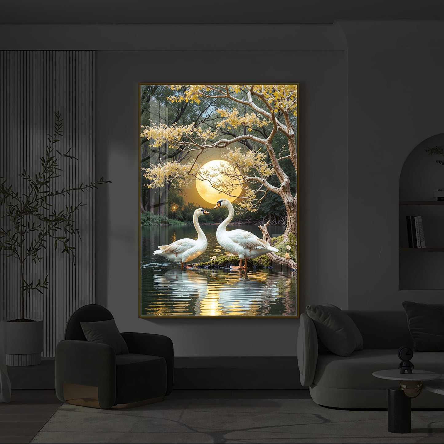 Couple Swan Modern Luxury Backlight Vertical Wall Art