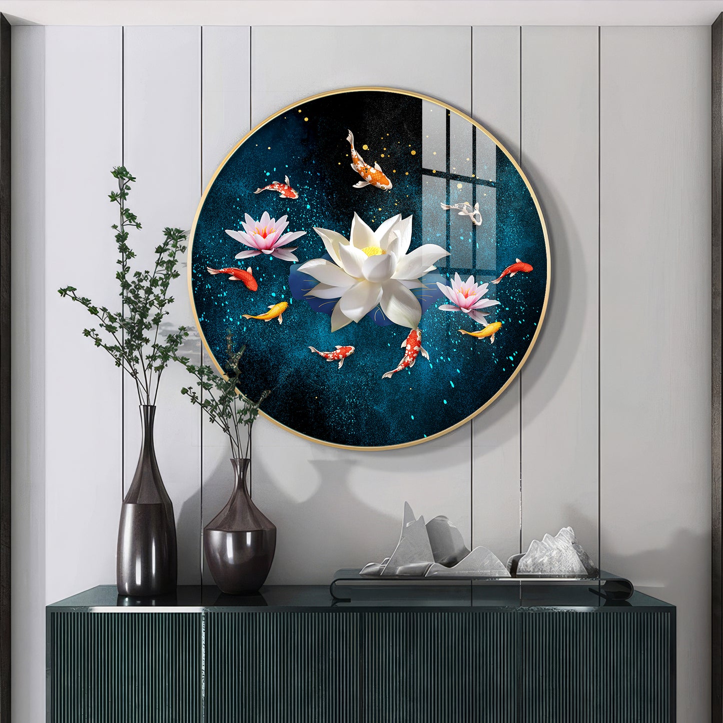 Lotus and Fish Premium Acrylic Round Wall Art