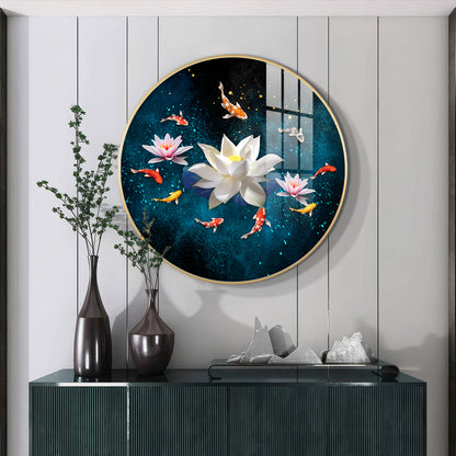 Lotus and Fish Premium Acrylic Round Wall Art
