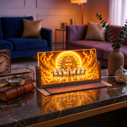 Surya Dev with Seven Horses Acrylic LED Table Lamp - Wooden Stand