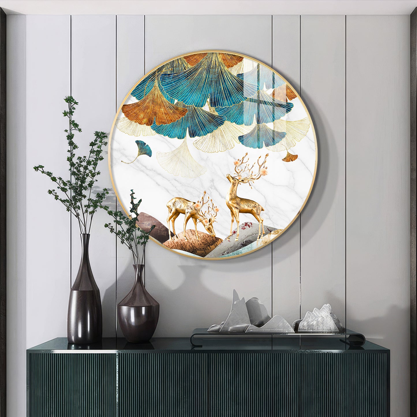 Deer and Leaves Premium Acrylic Round Wall Art