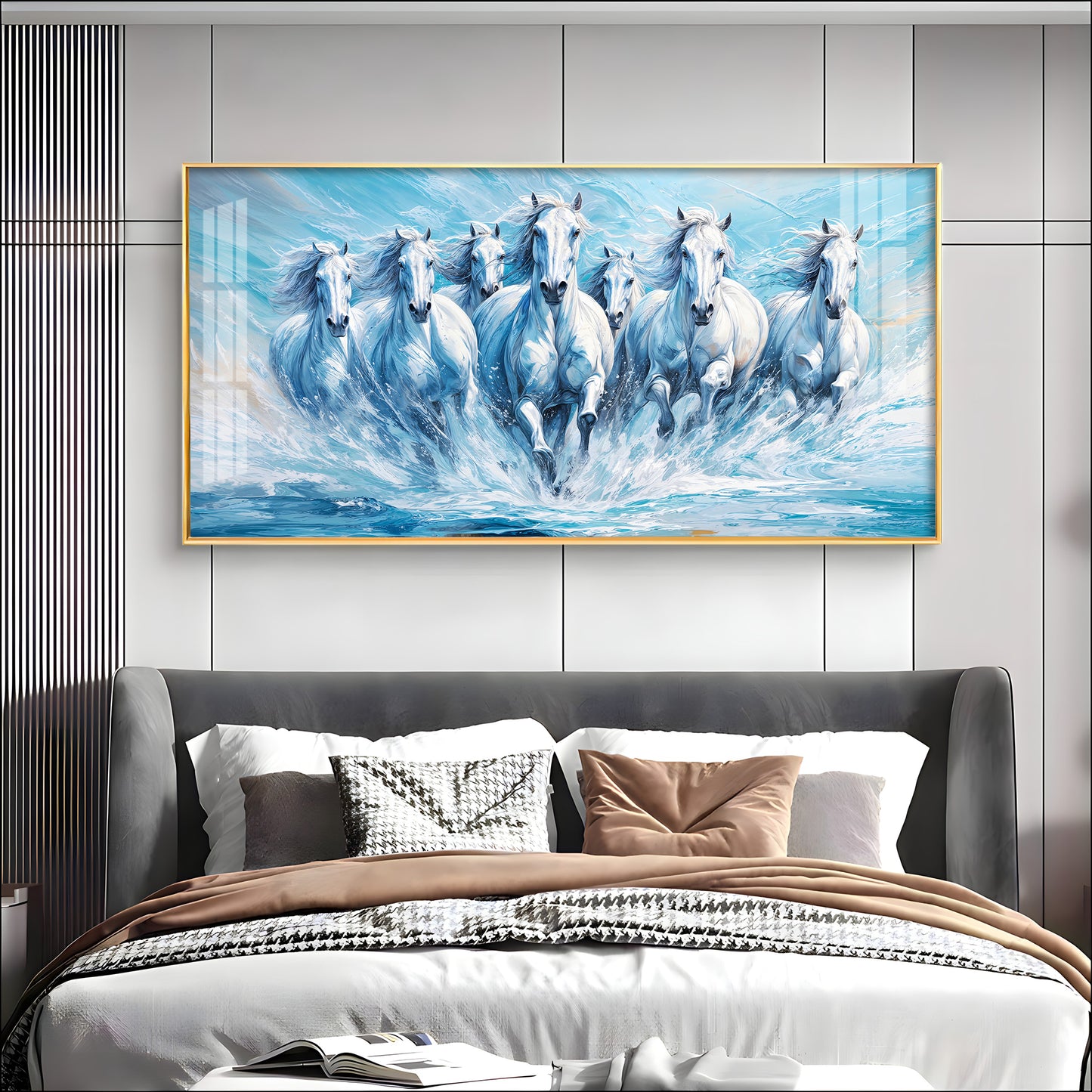 Running Horses in River Premium Acrylic Horizontal Wall Art