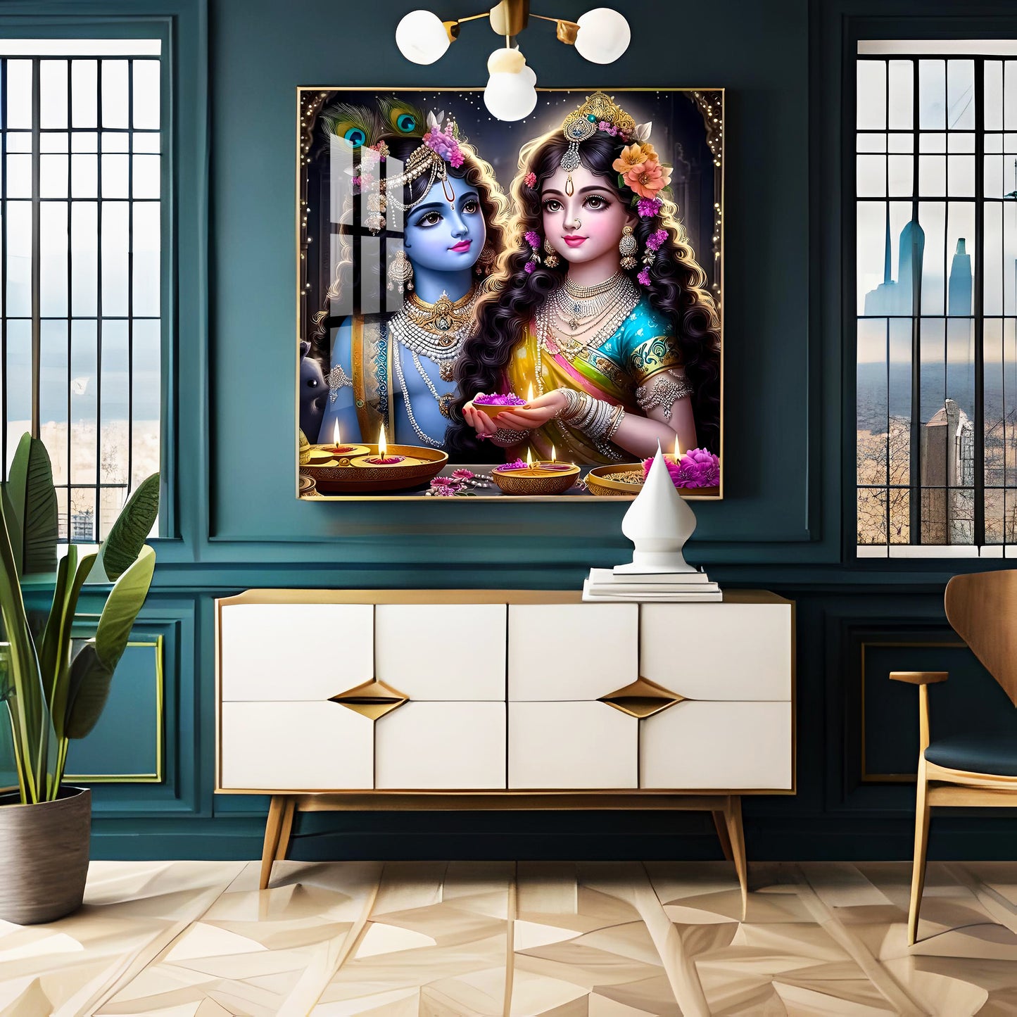 Glowing Krishna Radha Premium Acrylic Square Wall Art