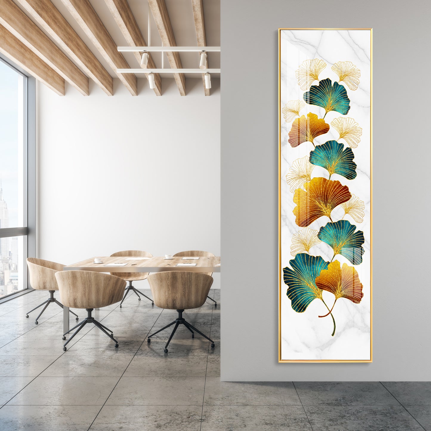 Golden Green Leaves Premium Acrylic Vertical Wall Art