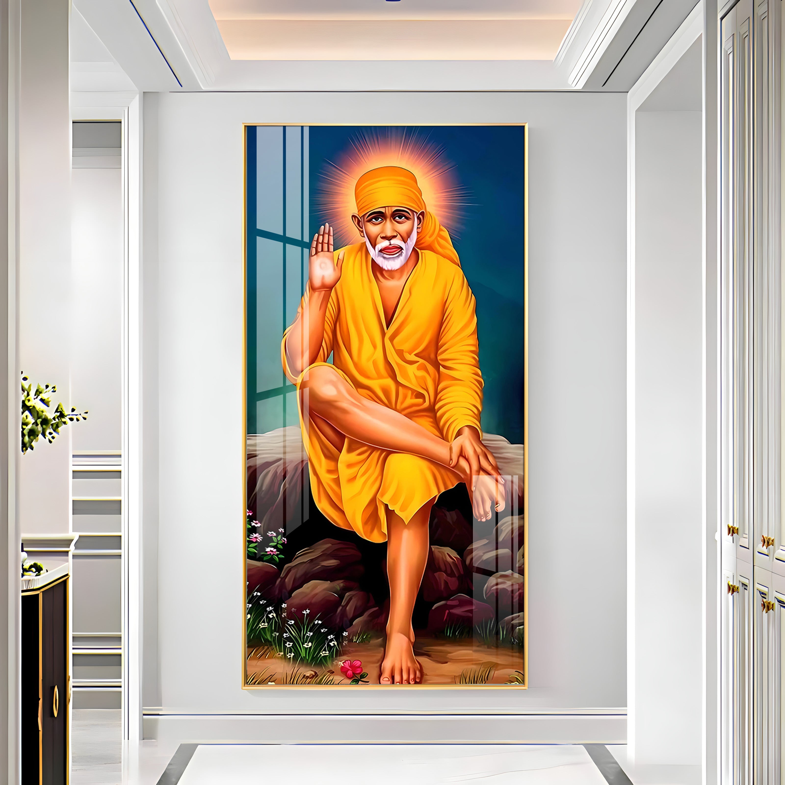Shirdi Sai Baba Premium Acrylic Vertical Wall Art - 24X12 inches / Gold