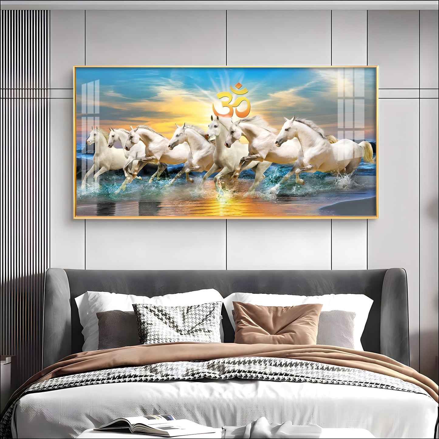 White Running Horses in Sea with Om Premium Acrylic Horizontal Wall Art