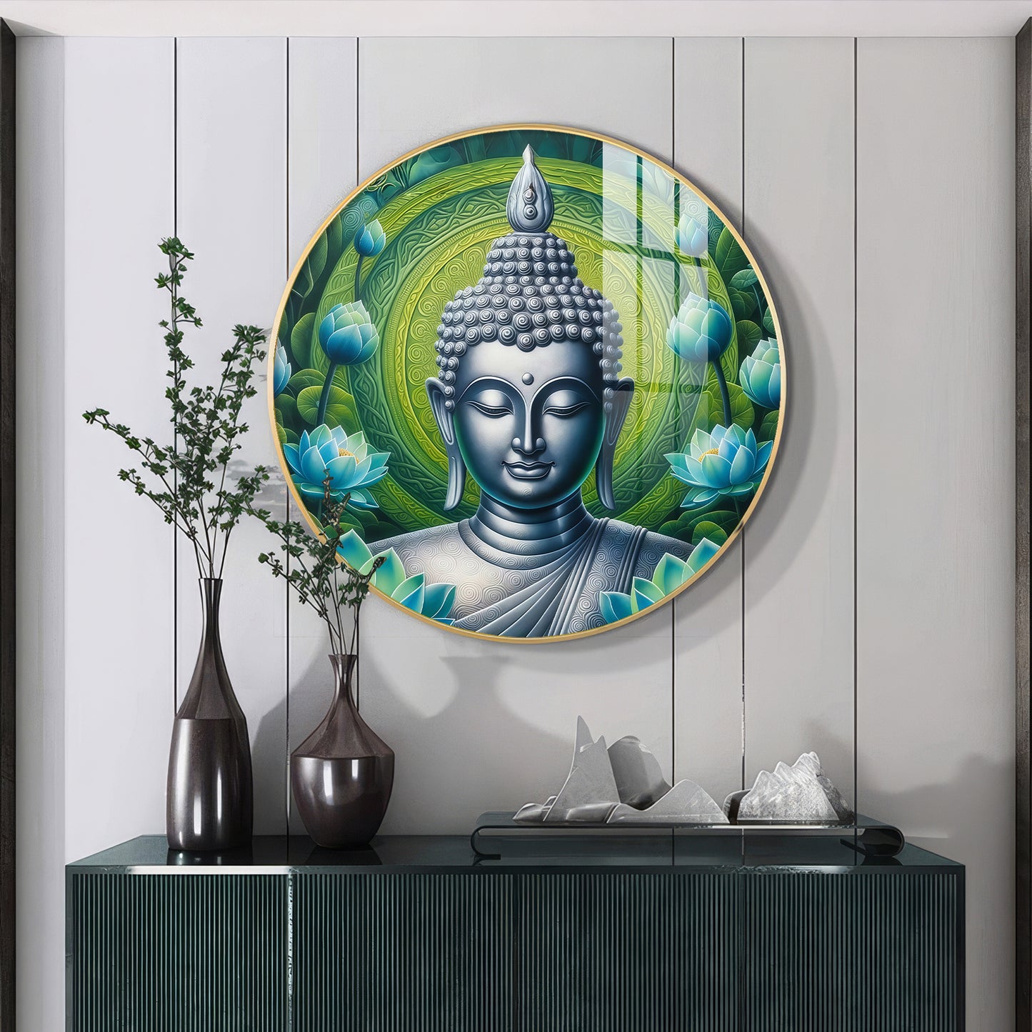 Sacred Buddha In Silver Premium Acrylic Round Wall Art