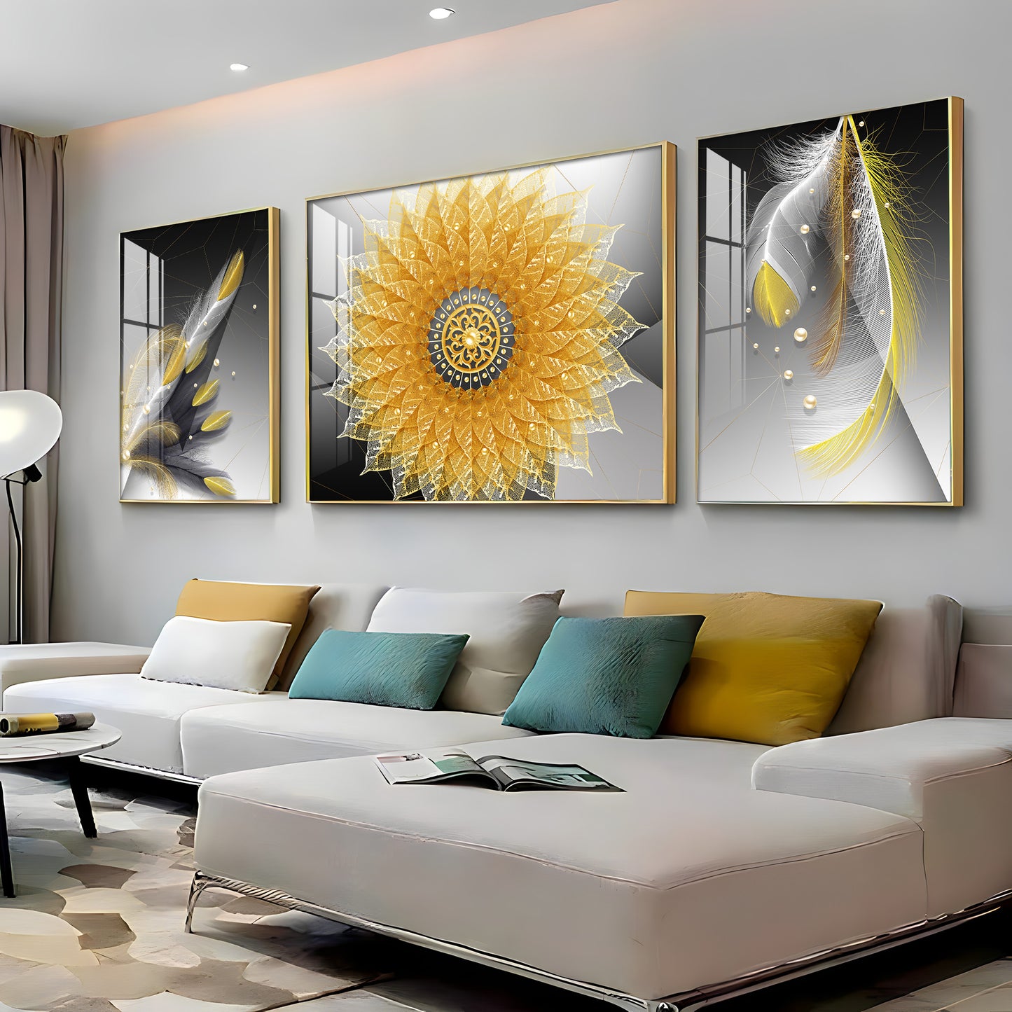 Golden Mandala With Feathers Premium Acrylic Wall Art (Set of 3)