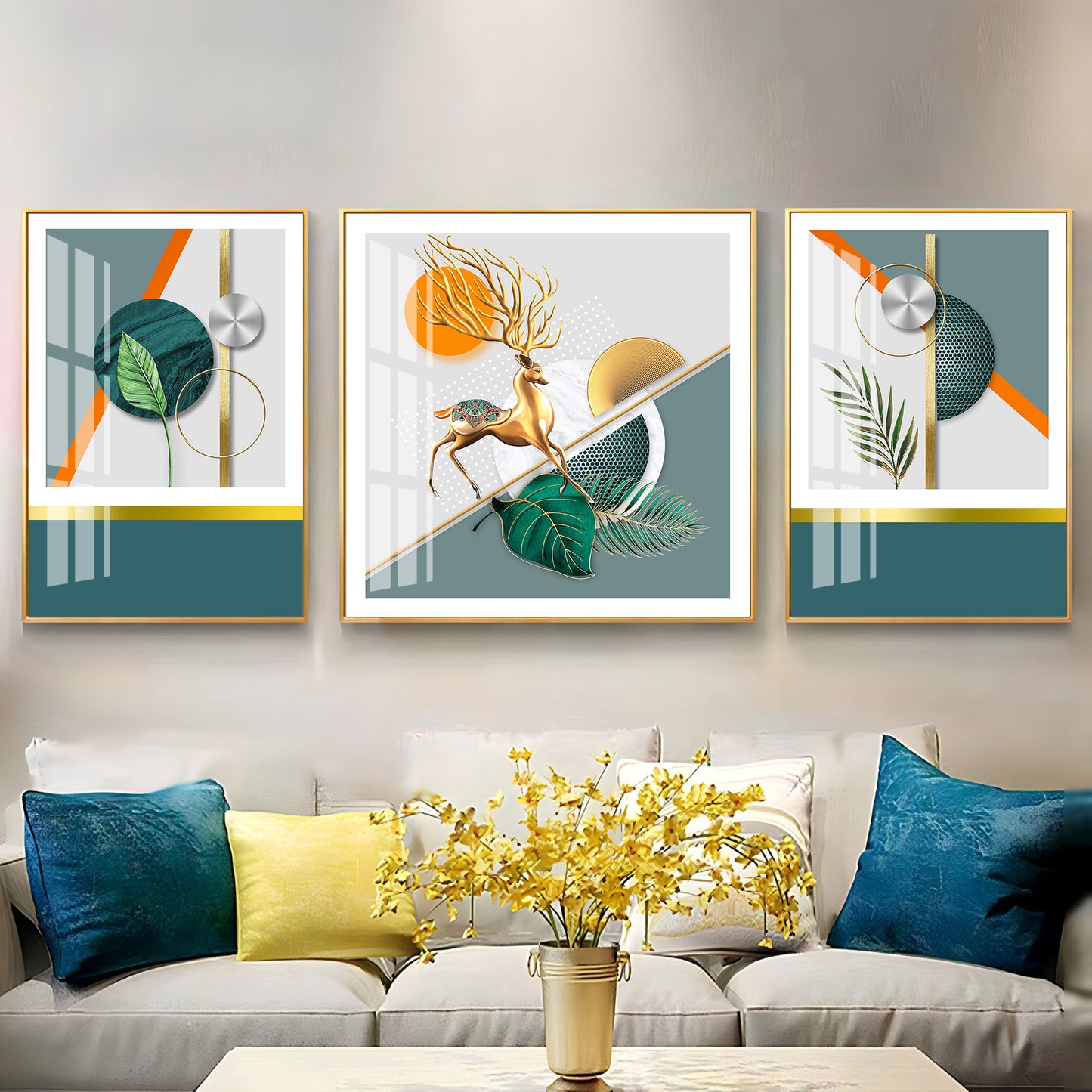 Golden Leaf With Deer Premium Acrylic Wall Art (Set of 3)