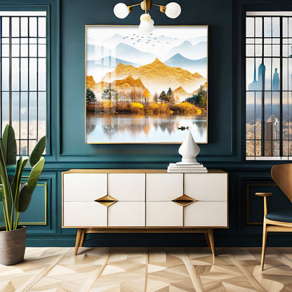 Sun Kissed Mountains Premium Acrylic Square Wall Art - 24X24 inches / Gold