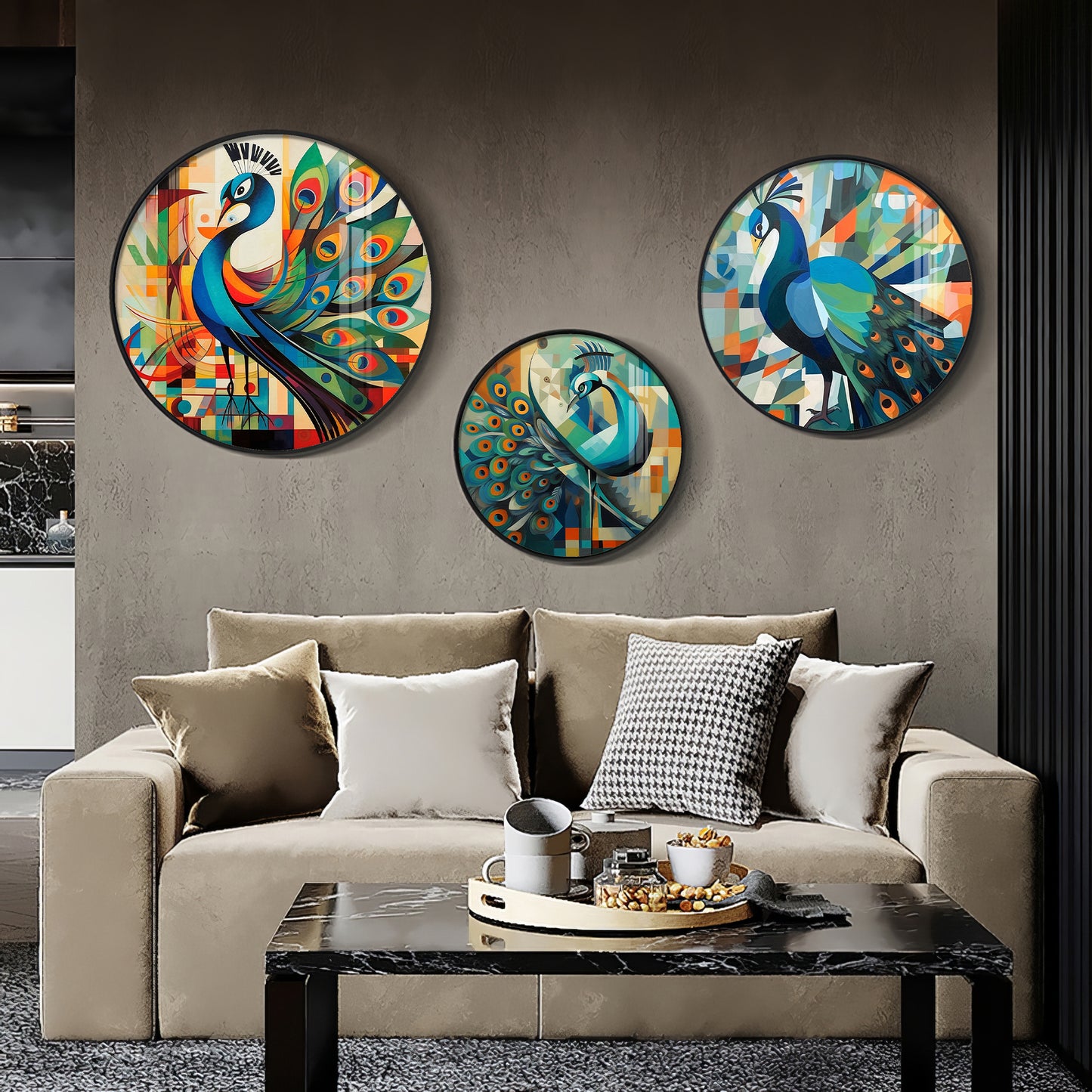Colorful Peacock Abstract Premium Acrylic Round Wall Art (Set of 3)