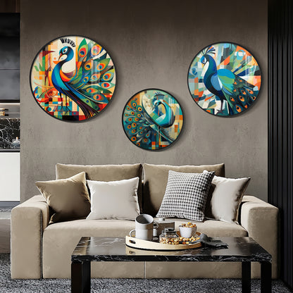 Colorful Peacock Abstract Premium Acrylic Round Wall Art (Set of 3)