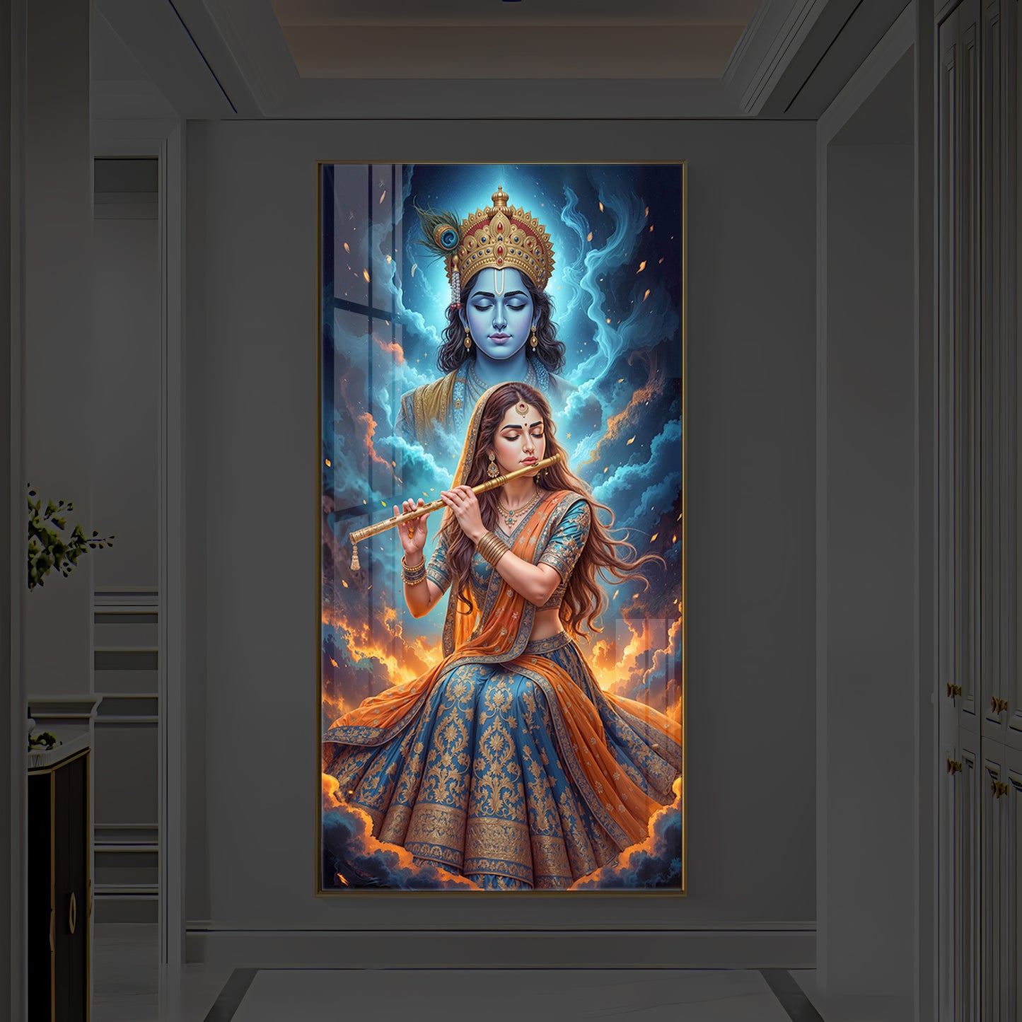 Radhe Krishna Colorful Modern Luxury Backlight Vertical Wall Art