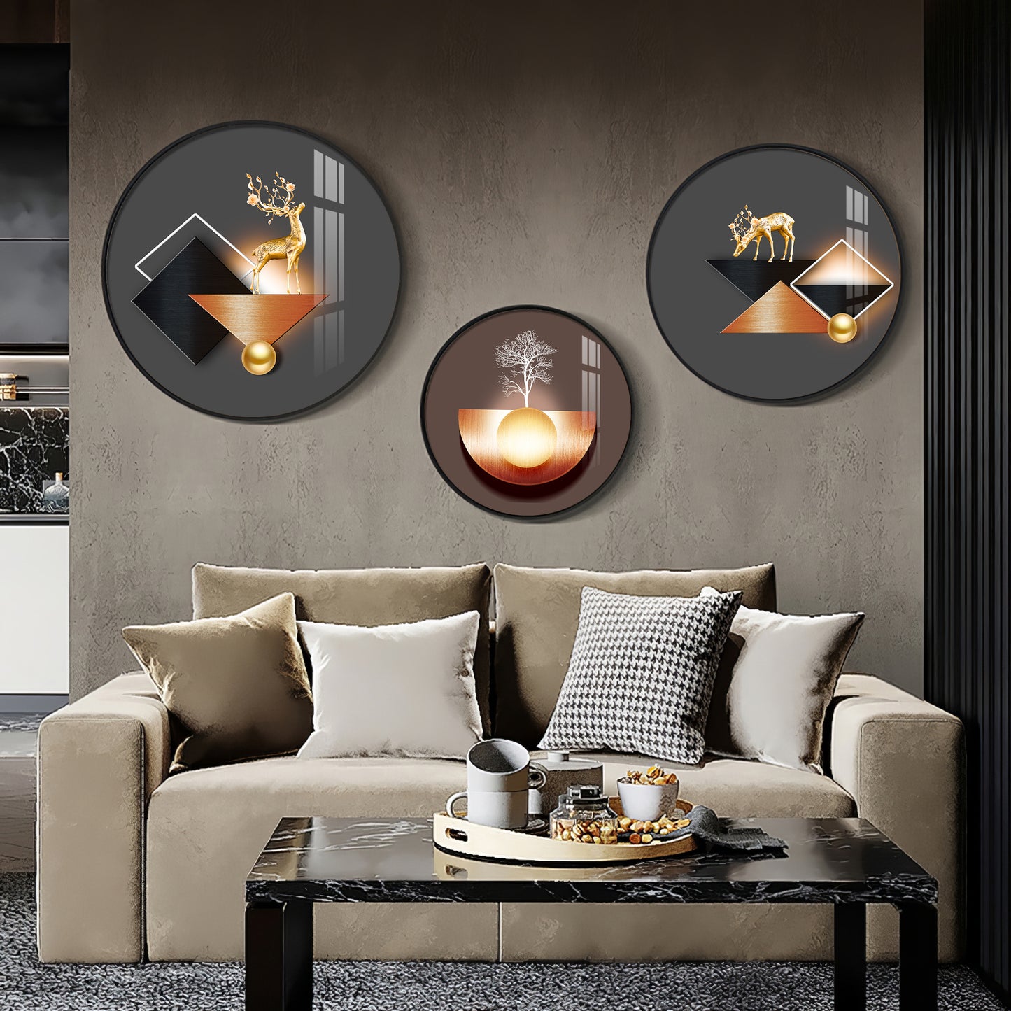 Reindeer Abstract Premium Acrylic Round Wall Art (Set of 3)
