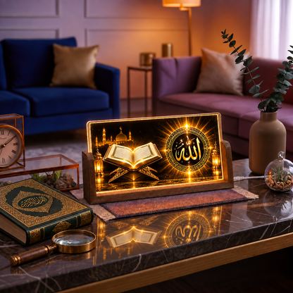 Golden Quran Sharif Acrylic LED Table Lamp - Wooden Stand