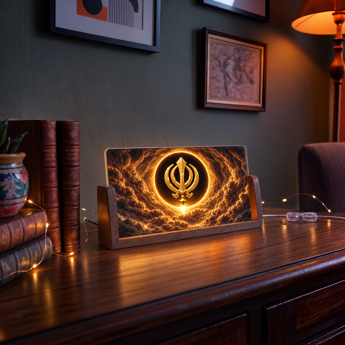 Golden Khanda Acrylic LED Table Lamp - Wooden Stand